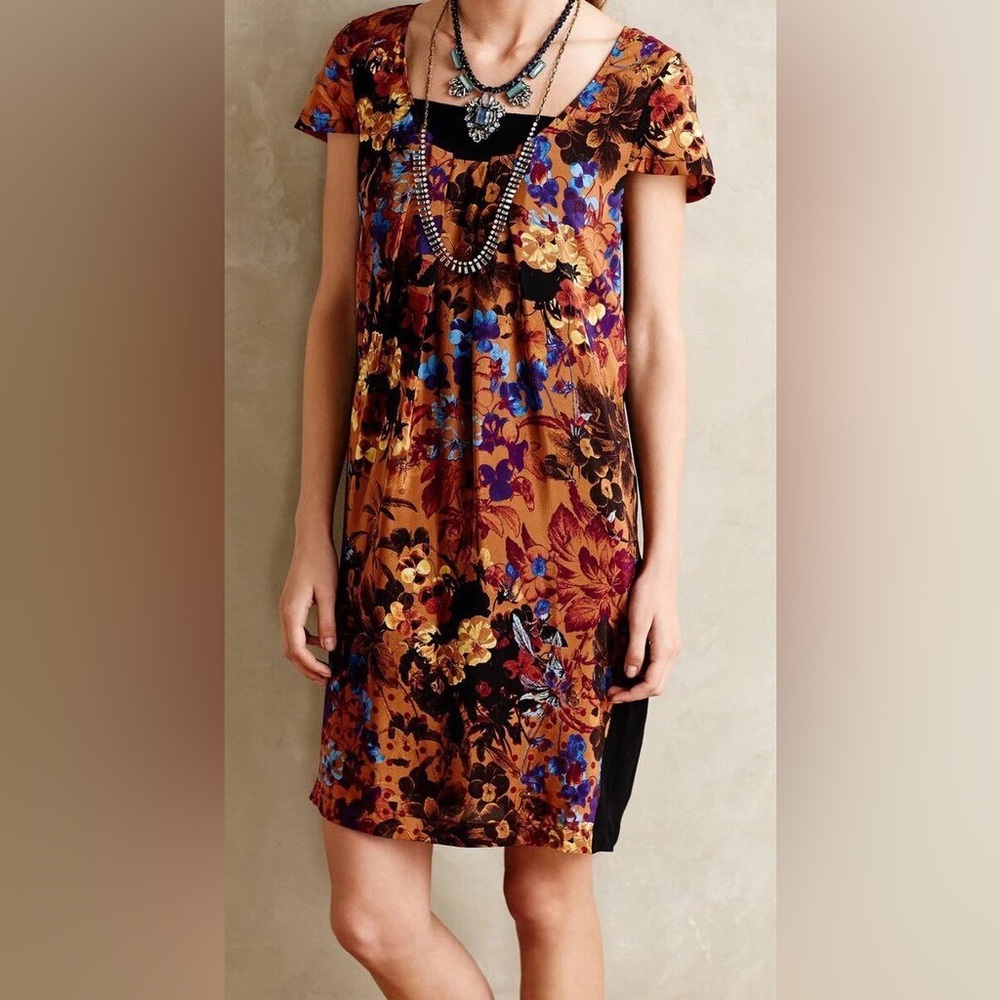 Anthropologie Maeve Bohemian Floral Pintura 100% Silk Shift Dress Size XS